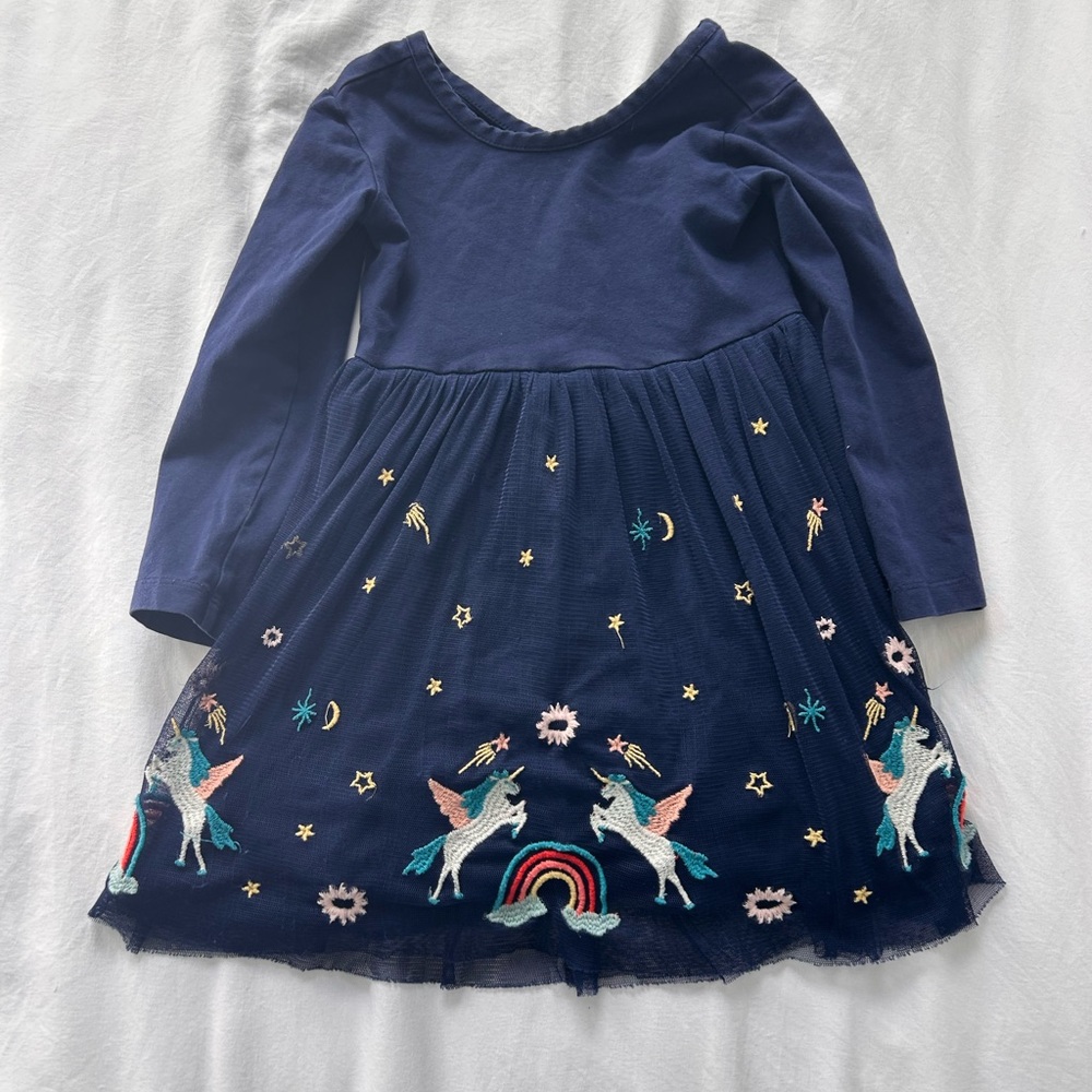 Hanna Andersson Navy Blue Unicorn Embroidered Kids Dress